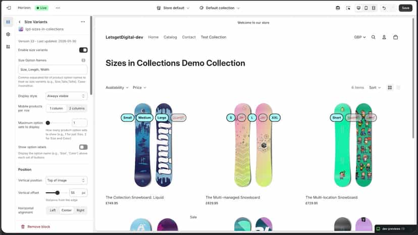 size options in collections for shopify horizon screenshot 2