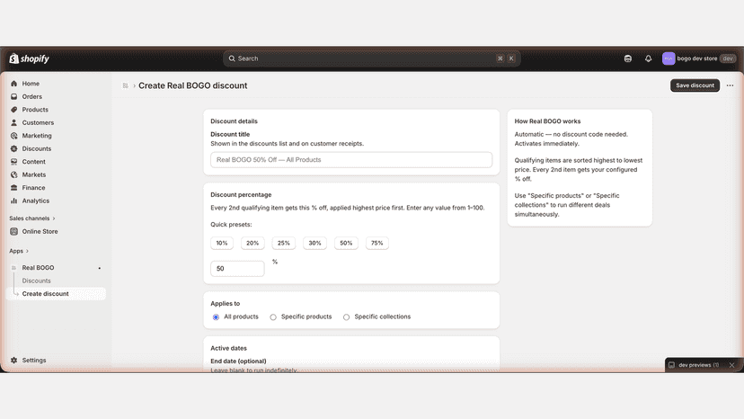 Create BOGO discount form with discount settings