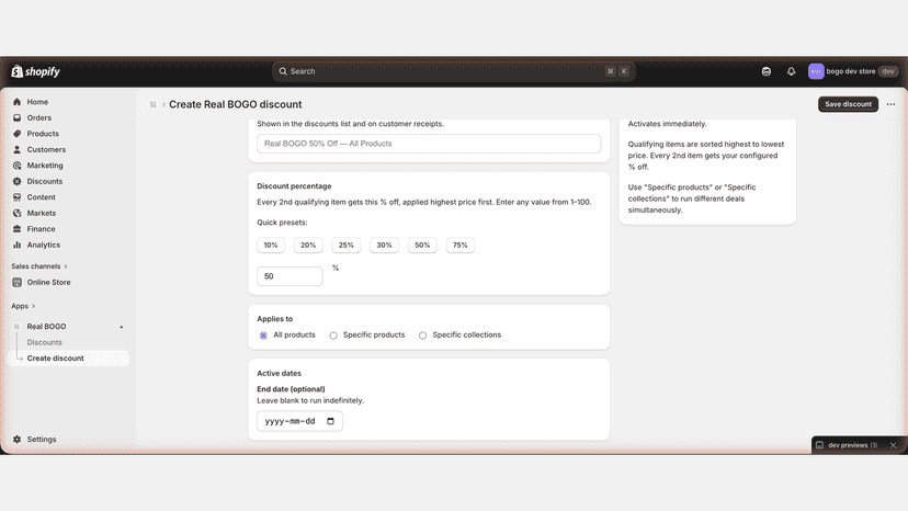 Discount percentage presets and product targeting