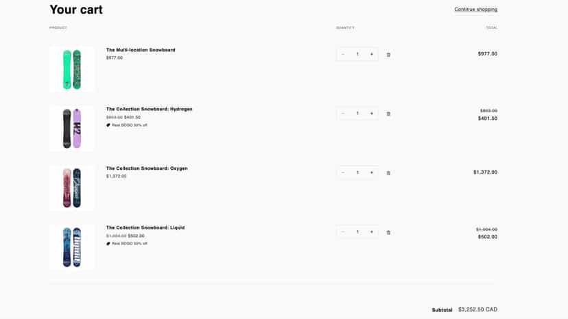 BOGO discount applied to cart showing 50% off every other item