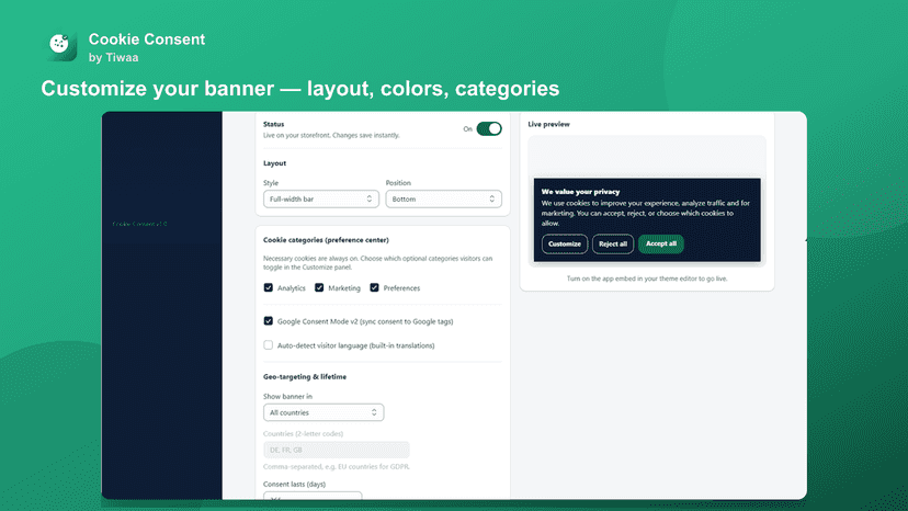 Setup — layout/colors/categories + live preview