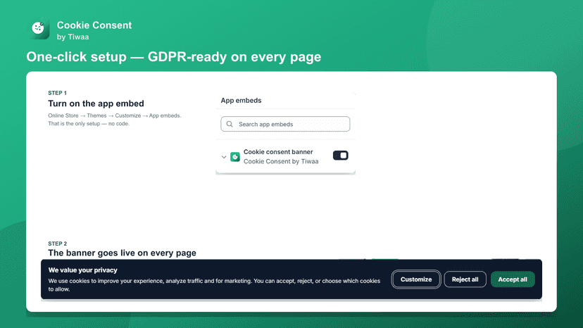 App embed step + live storefront banner