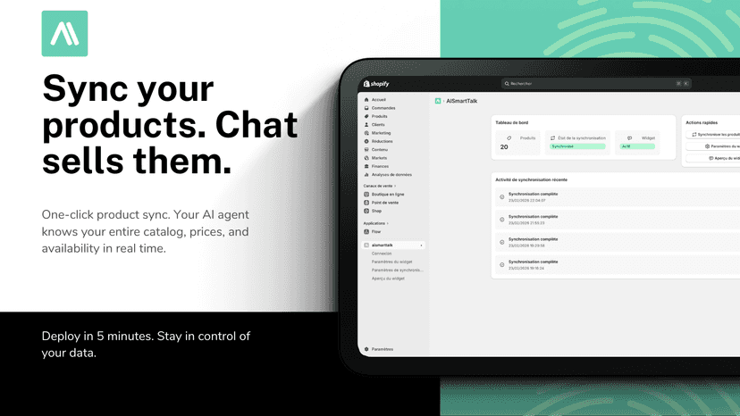 AISmartTalk sync dashboard in the Shopify admin interface.