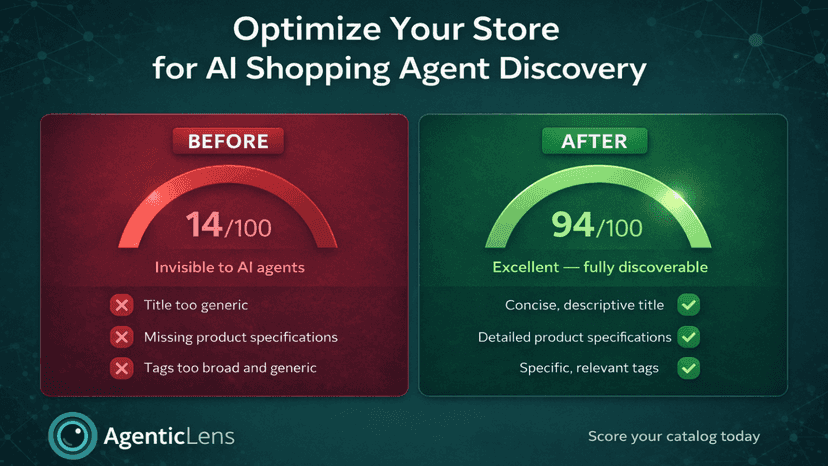 AgenticLens before and after comparison showing a product score