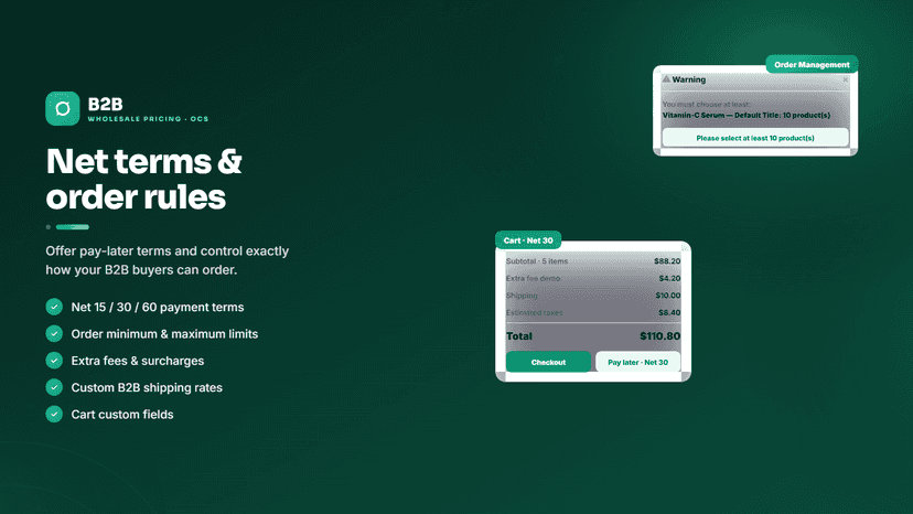 Net payment terms with order limits and extra fees