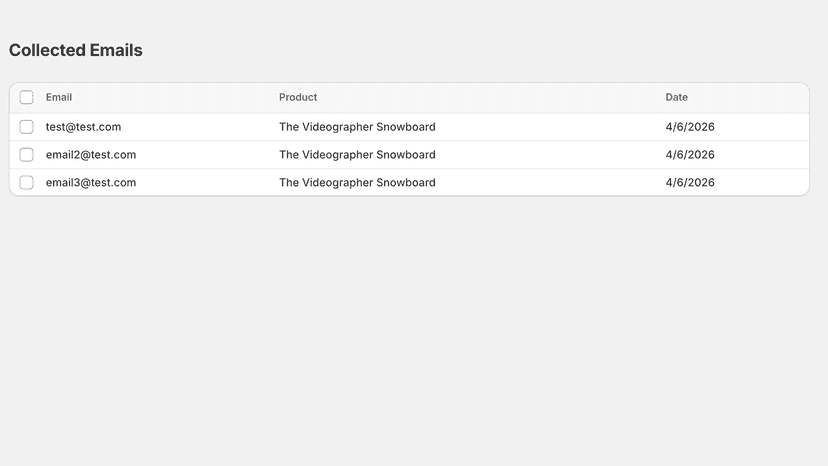 EmailGater shopify app screenshot of collected emails