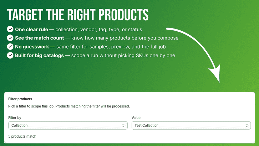 Framekit: filter by collection, vendor, tag, or status.