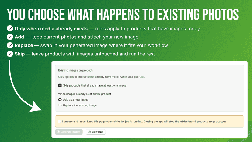 Framekit: add, replace, or skip if product images exist.