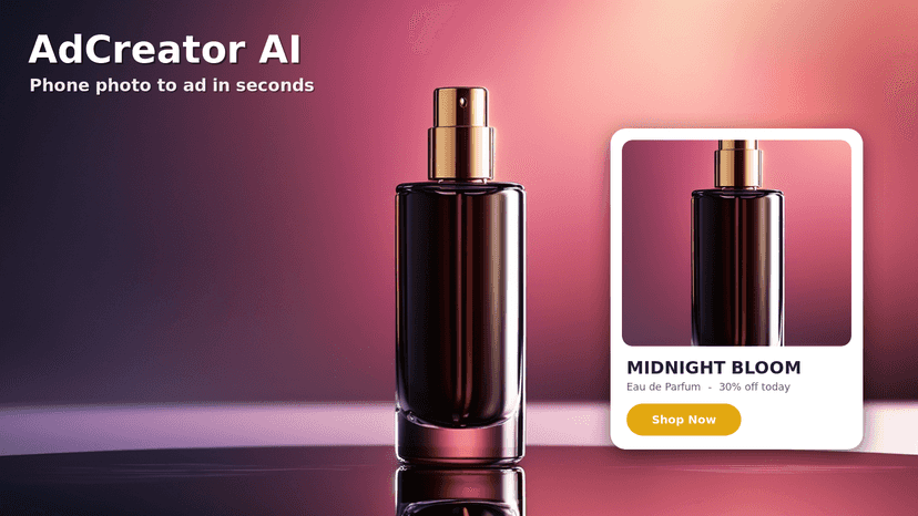 AdCreator AI hero image showing ad creative output for Shopify