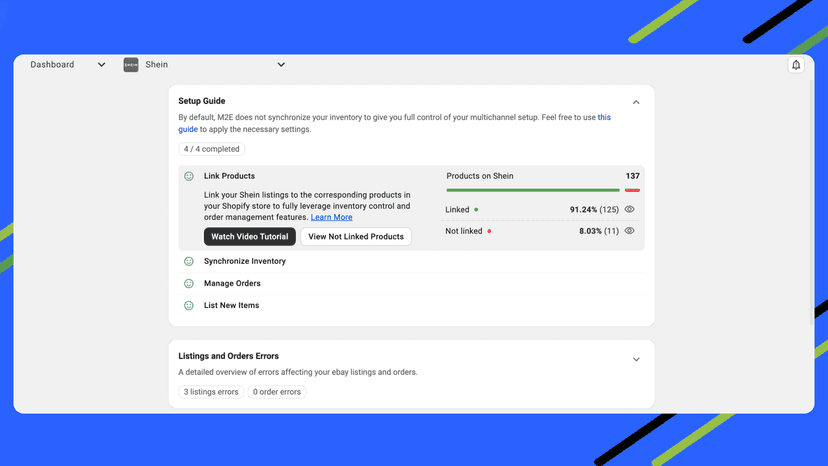 Dashboard in M2E Cloud - Shein Importer