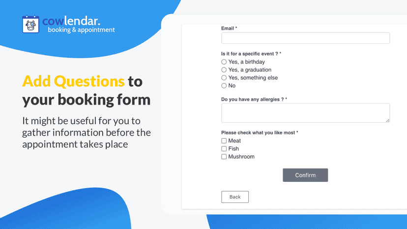 add question to any booking form with cowlendar