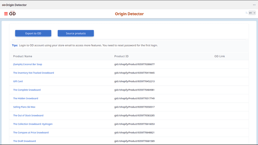Export products to Origin Detector as a manufacturer.