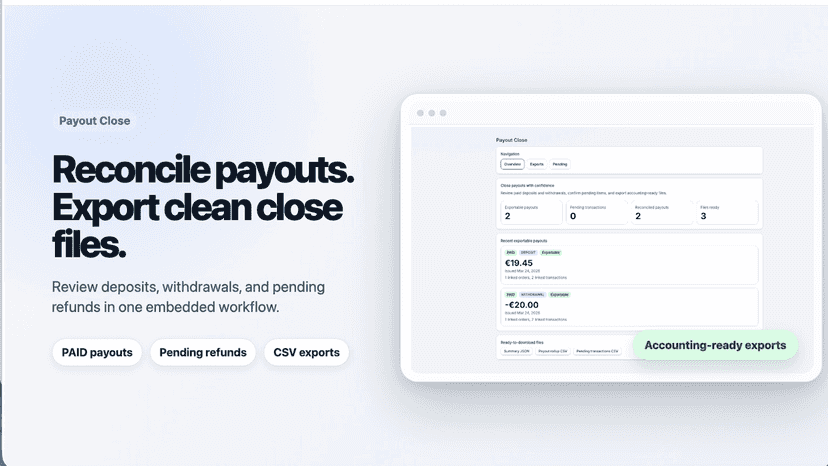 Payout close dashboard with accounting export workflow
