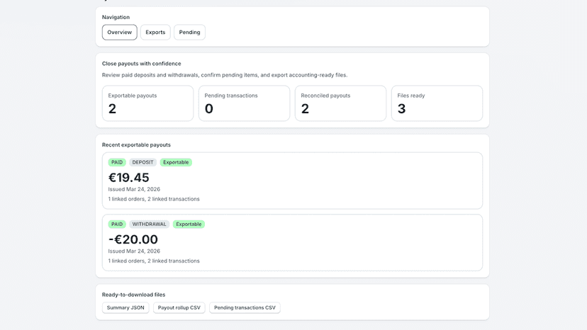 Dashboard showing exportable payouts and ready-to-download close