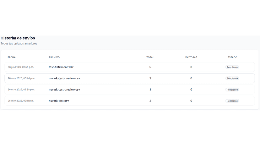 Shipment history with upload details