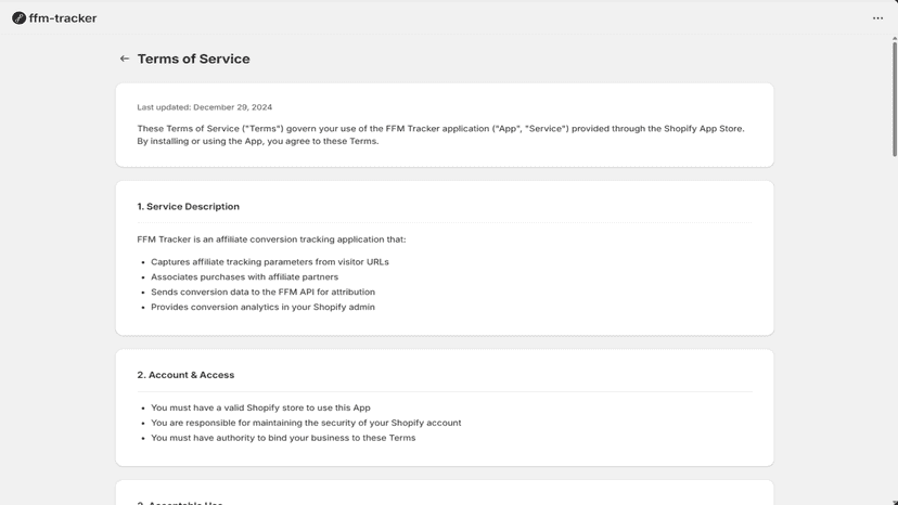 TOS Page of FFM Tracker