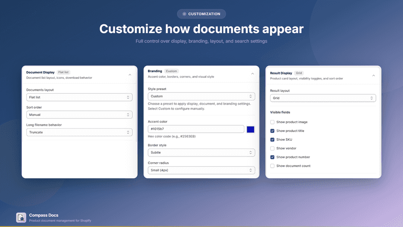 Settings screenshots showing customization options for documents