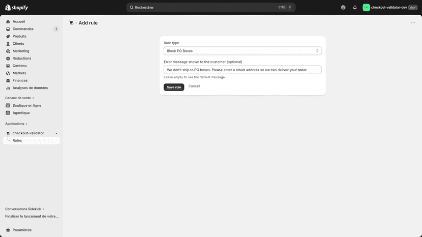 PO box rule form with custom checkout message