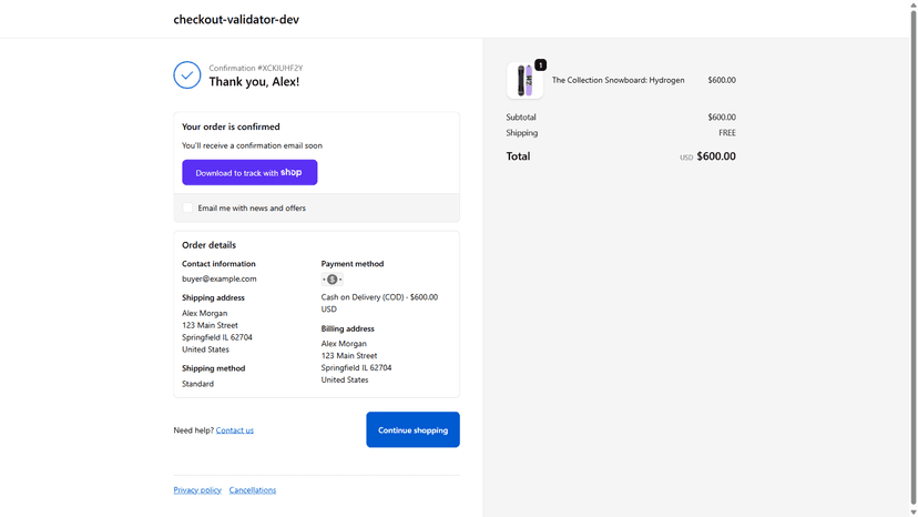 Valid street address passes to the Thank you page