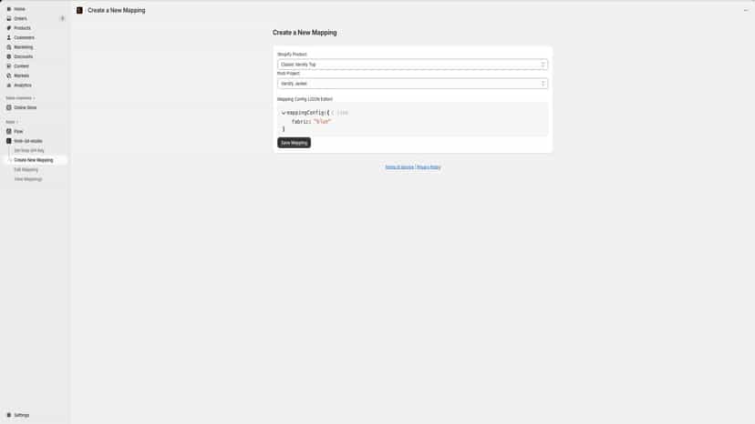 Mapping a thob project to a Shopify product within the app.