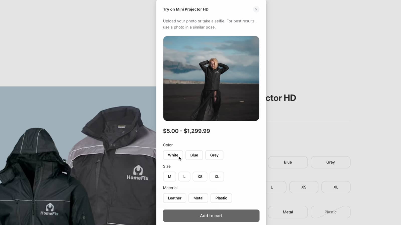 Virtual try-on widget on product page with hoodie example