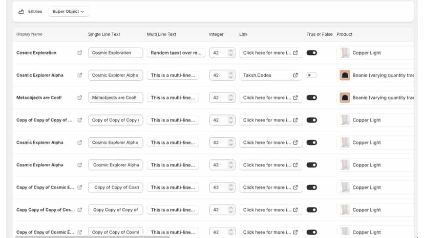 Bulk edit table with 9 entries showing multiple editable field t
