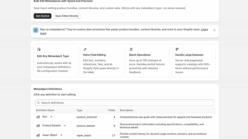 Metaobject Editor app homepage showing bulk editing features