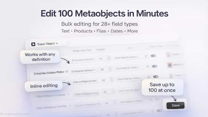 Bulk edit interface showing metaobject table with callouts