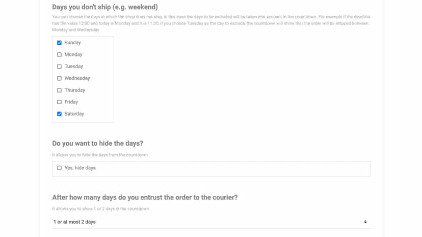 Countdown admin panel with days of the week