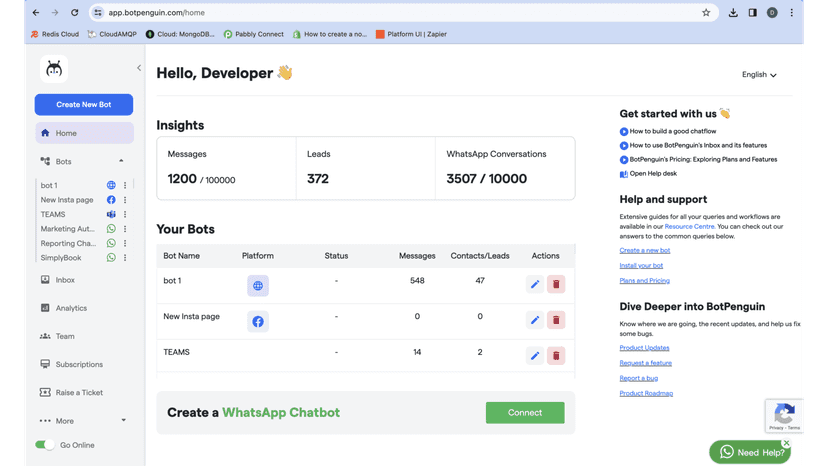 It shows the home page with bots details