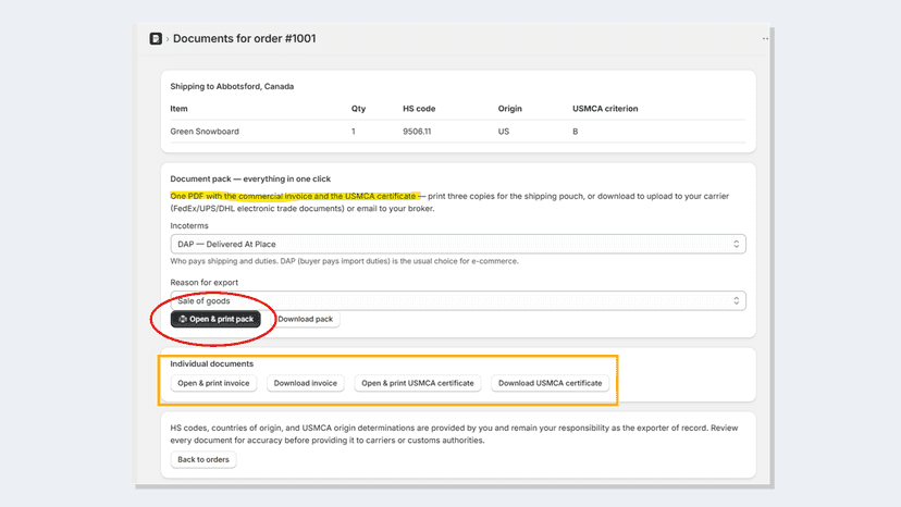 One-click document pack with options and warnings.
