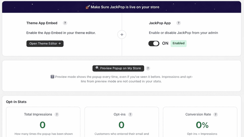 JackPop admin dashboard showing app embed setup