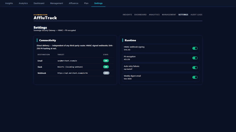 AffluTrack Settings — configure alerts and thresholds