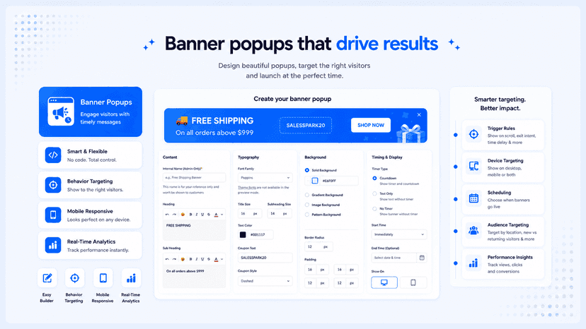 Schedule banners and popups with countdown timers.