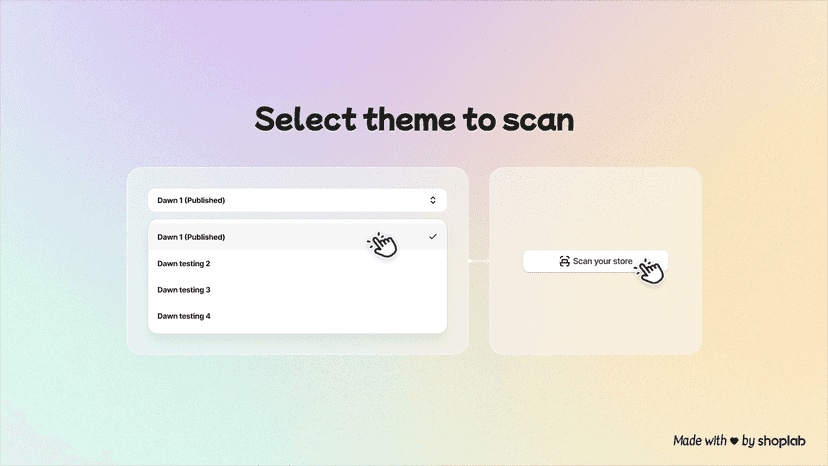 Dropdown to select theme and scan Shopify store for issues
