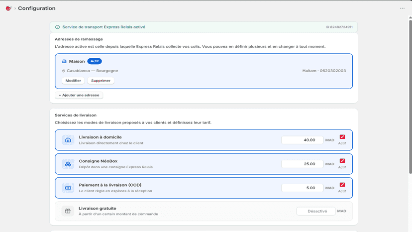 Adresse de ramassage et options de livraison