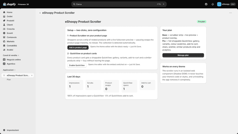 Dashboard: two-click setup and 30-day analytics