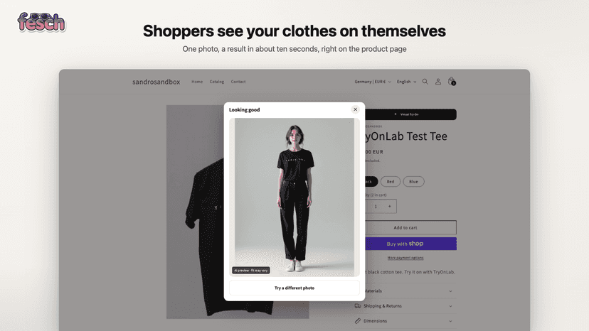 Fitting room dialog showing a try-on result on a product page