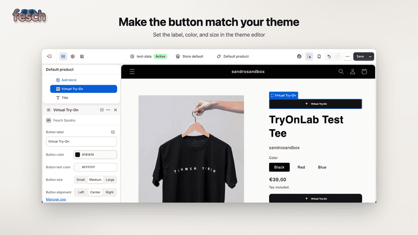 Theme editor with try-on button label, color, and size settings