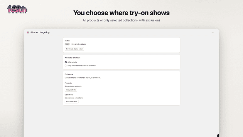 Product targeting settings with live status and exclusions