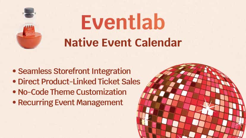 Eventlab app feature graphic with lab flask and disco ball.