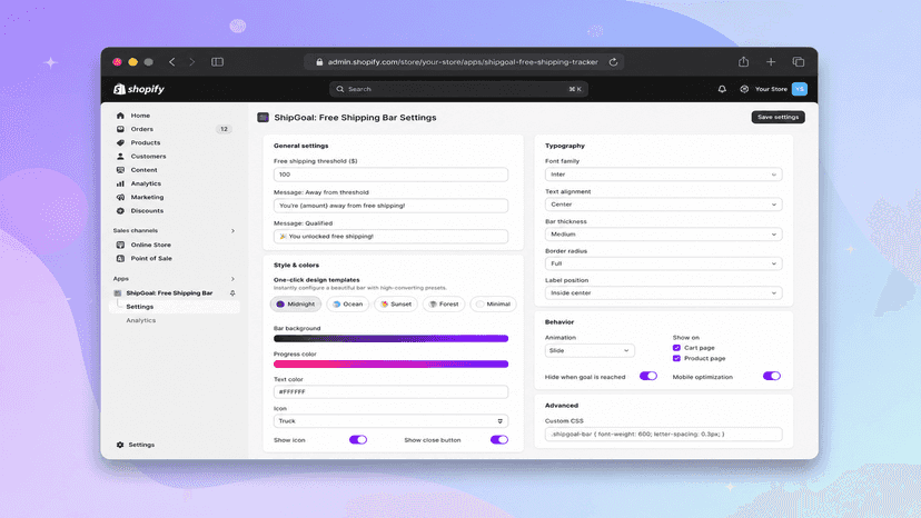 App configuration dashboard with style customize parameters.