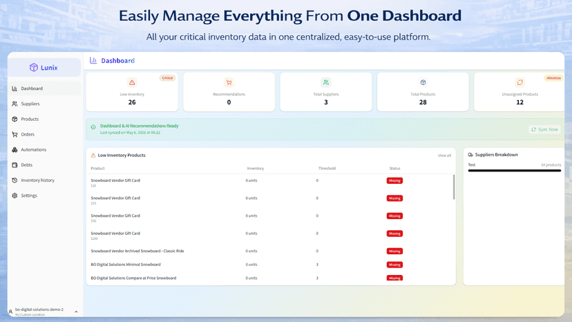 Lunix app dashboard showing inventory and supplier overview