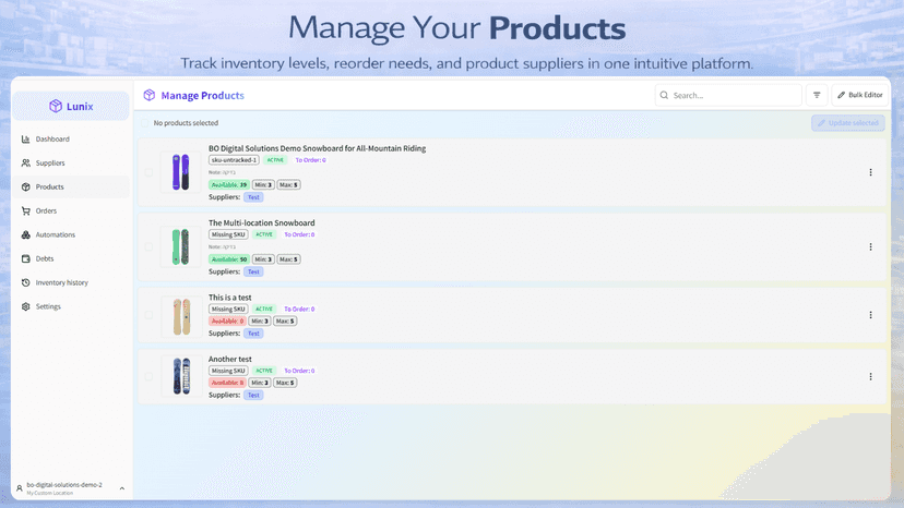 Lunix products list with inventory levels and thresholds