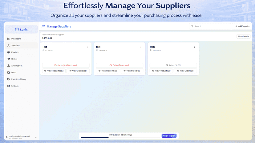 Lunix app suppliers management