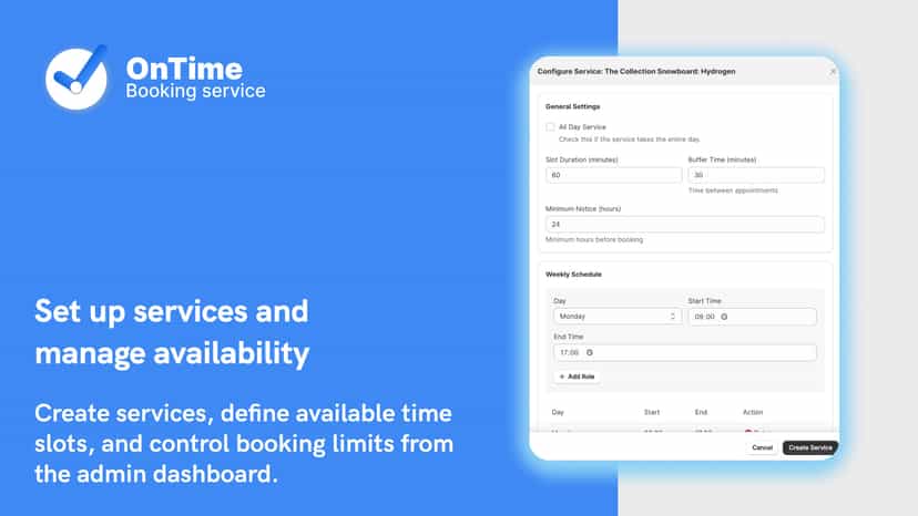 Booking widget on product page with date and time slots