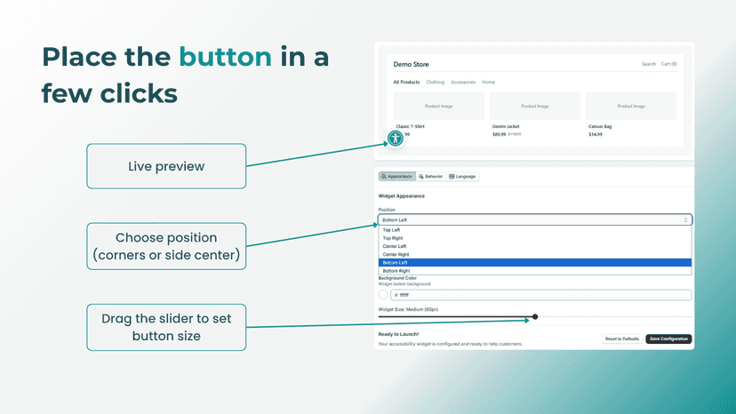 Set accessibility widget position and size with live preview