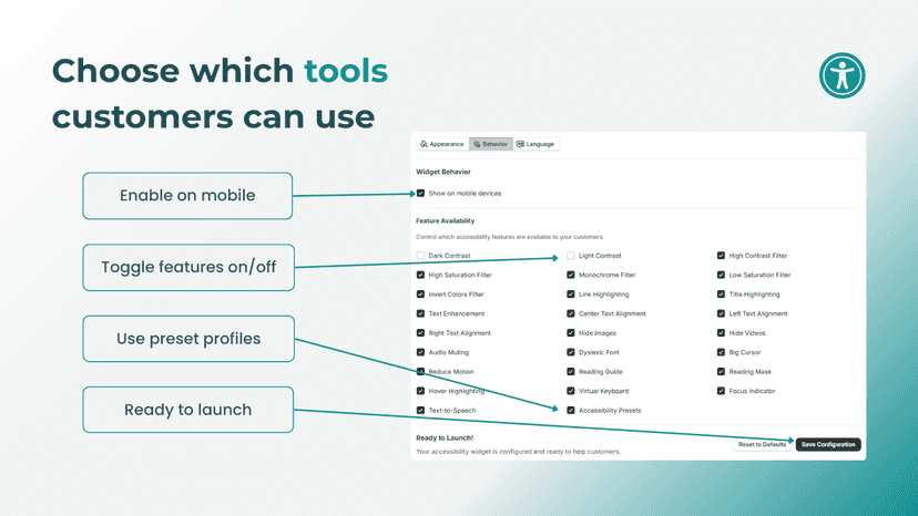 AccessiRank accessibility settings: mobile, toggles, presets