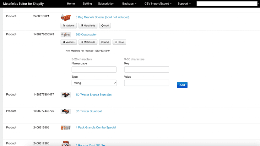 Metafields for Shopify Add New Metafields