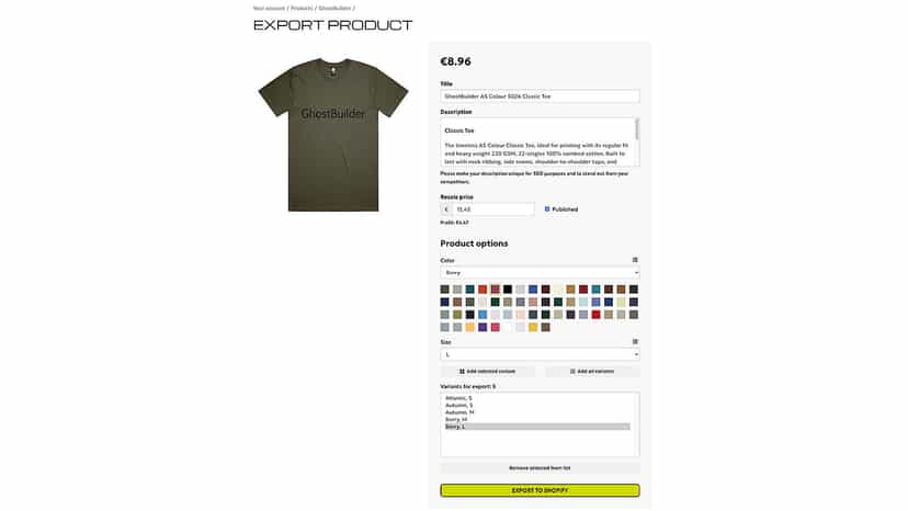 Export designed product to your store
